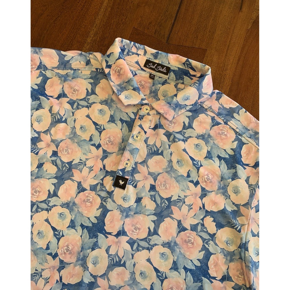 Bad Birdie Polo Shirt Mens 2XL Floral Blue Pink Roses Golf Stretch Short Sleeve